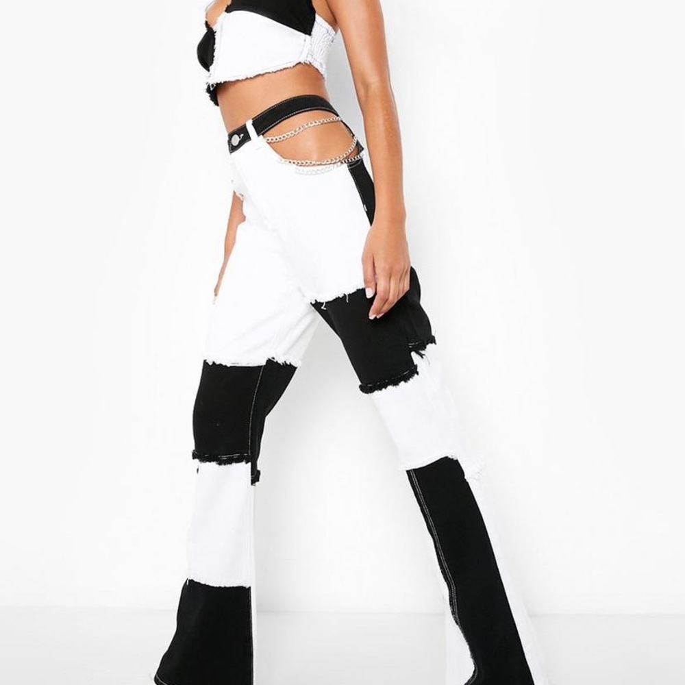 Patchwork Denim Flared Jeans with Chain Cutout Detail